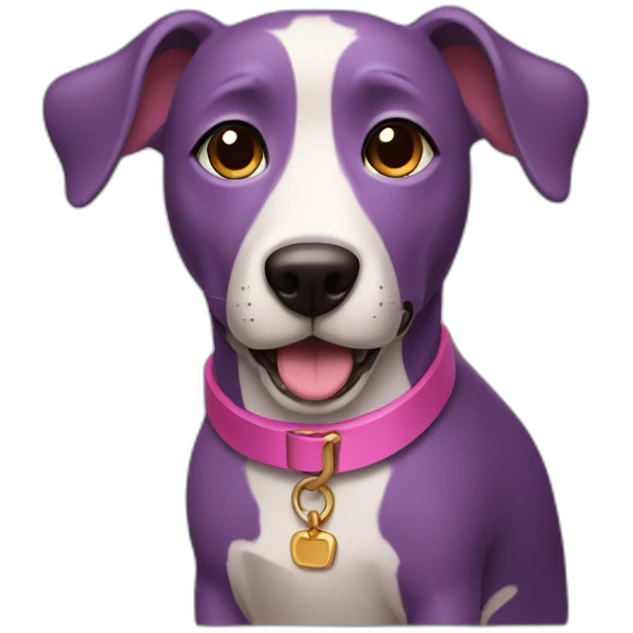 a purple dog with a brown nose and a pink collar with a bone emoji