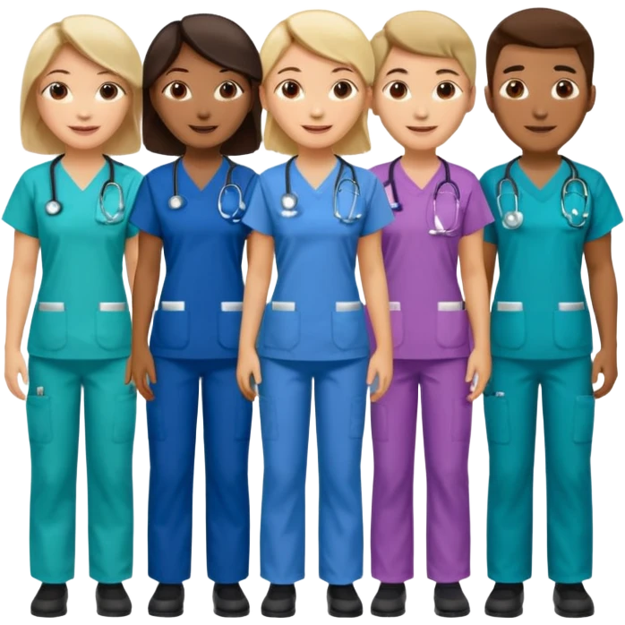 Nurses of different ethnicities in various color scrubs emoji