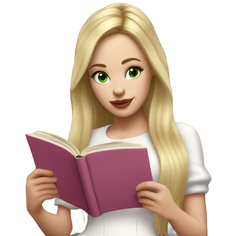 Realistic White girl with Long straight blonde hair, green eyes, tattoos, full body wearing white dress and pink knee-high leather boots, Reading book emoji