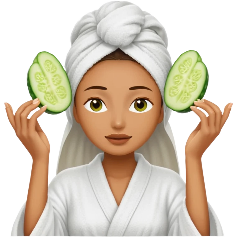 woman at the spa with cucumbers slices covering her eyes and tan skin tone with towel completely covering hair and robe on emoji