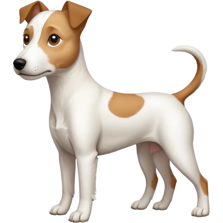 a full body slightly chubby white parson russell terrier looking dog the size of a kelpie with light brown long ears and a light brown patch on one eye and a large snout. the rest of the dog is completely white. forward facing emoji