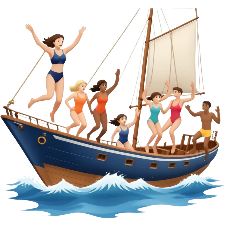 group of people jumping off a sailing ship into the ocean - from the side emoji