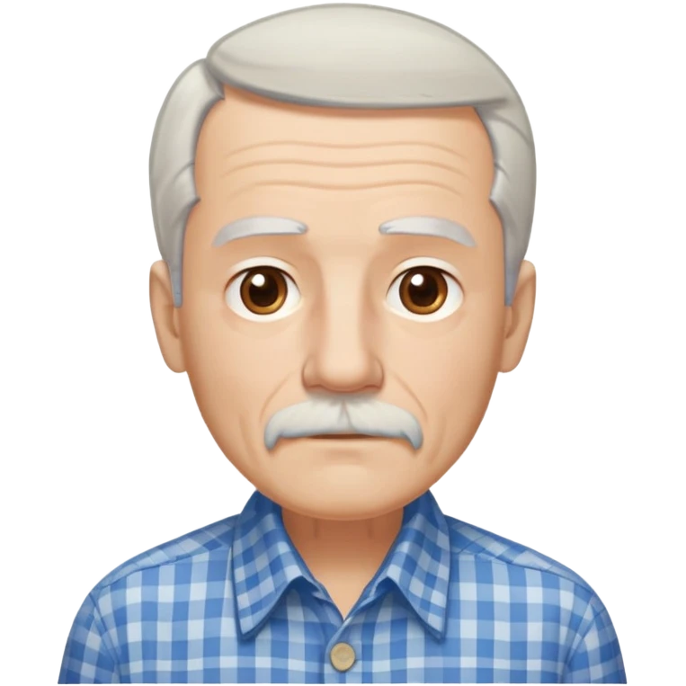 Thin elderly man with light skin. Elongated face with kind expression. Light brown eyes. Thin eyebrows. White goatee and white mustache. Fine straight gray-white hair combed back with some bangs falling on forehead. Slim build. Wearing a blue and beige checkered button-up shirt. emoji