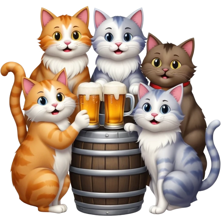 group of 7 cats standing around a beer keg, drinking, all with goofy playful expressions emoji