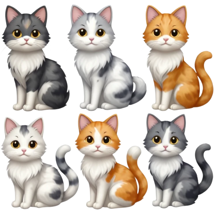 6 realistic looking cats with different natural coloured coats, assorted grey and white, greys, calicos etc
 emoji