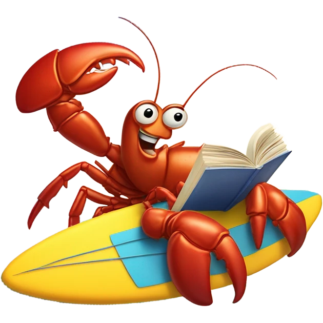 A very large lobster reading fine literature while surfing on a huge wave on a surfboard at the beach with and working out  emoji