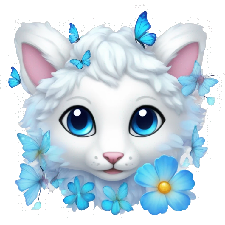 Edgy Cute Cool Kawaii gorgeous sparkly ethereal white fantasy animal creature with blue eyes sona with flowers and butterflies beautiful aesthetic emoji