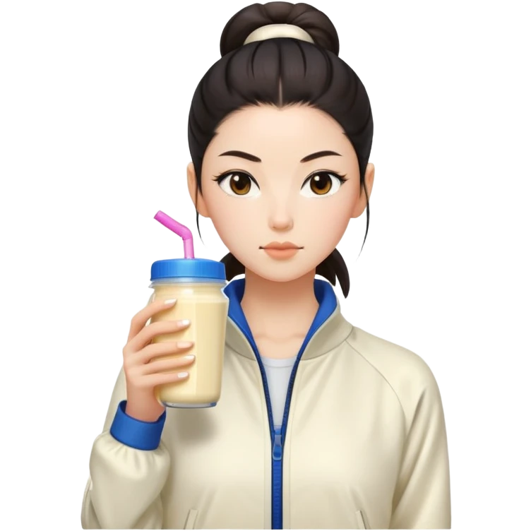 Japanese girl with cream jacket drinking pre workout shake middle part slick back bun emoji