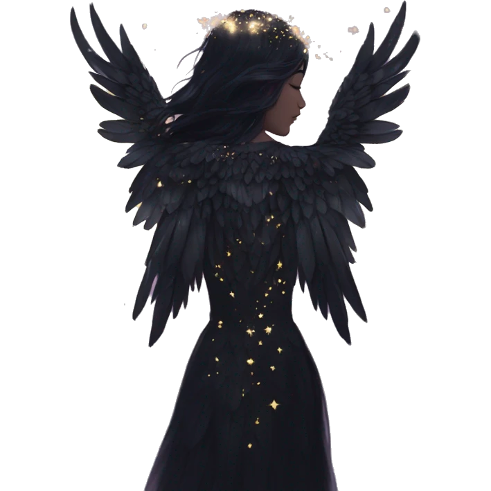Black Raven wings bohemian Ethereal galaxy constellation girl angel raven wings black wings, gold arrow, nebula, flower crown, fairy lights, iridescent emoji