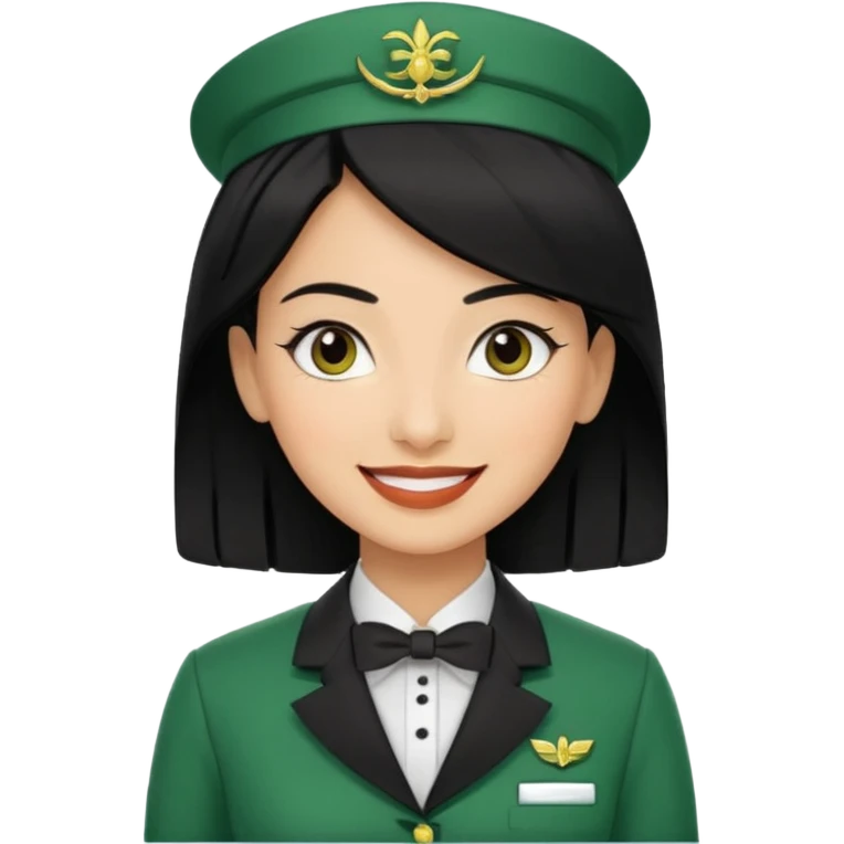Lady hotel butler with green uniform black hair and just a lite bit brown skin and Arabic face emoji