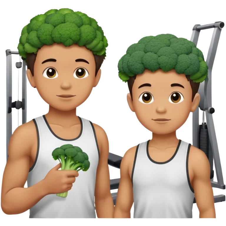 two young boys with broccoli heads in a stringer talking in a gym emoji