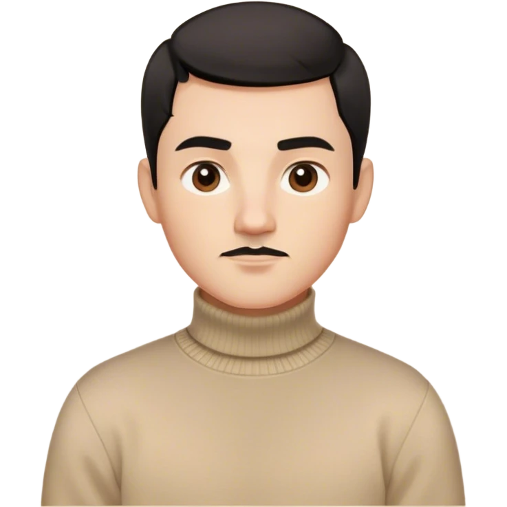 Create a memoji-style avatar of a young man with short black hair, well-defined eyebrows, and a light mustache. He wears a beige turtleneck sweater and has a neutral, confident expression. The style should be smooth, cartoonish, and Apple Memoji-like, with soft shading and clean lines






 emoji