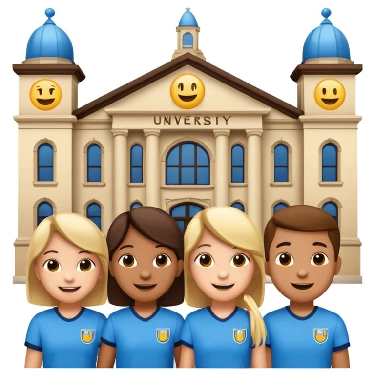 a group of happy university-aged kids, classic university building in the background, emoji style, inspired by 'KIDZ BOP Kids' emoji