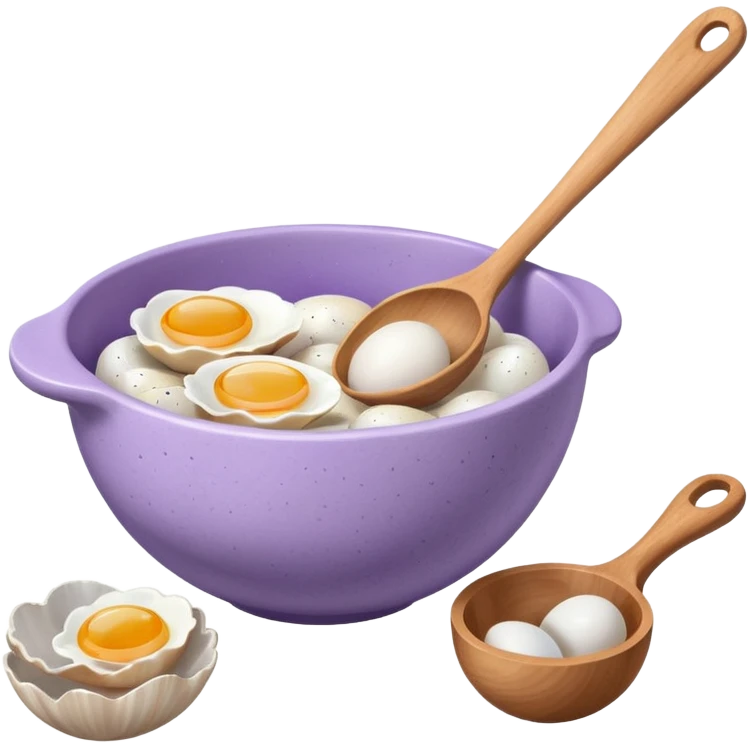 a lilac ceramic mixing bowl with a wooden spoon stirring and sitting next to it is a few eggs emoji