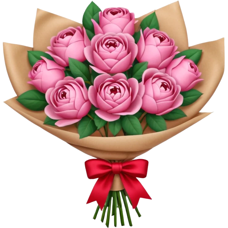 Bouquet of pink flower like rose and peony wrapped in kraft paper with red bow emoji
