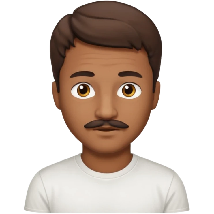 Homme brun cheveux court ondulé. Métisse. Yeux marrons très foncé. Avec t-shirt blanc avec une légère moustache  emoji