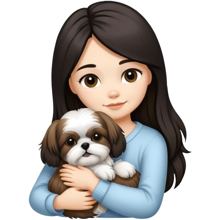 A girl with black highlighted long hair hugging a Shih Tzu dog emoji