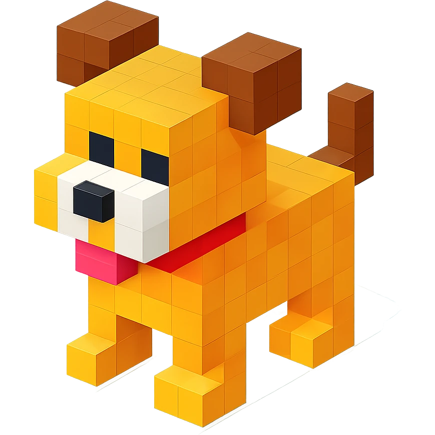 <SystemPrompt>
                <Style>
                  <Name>Voxel Emoji Art</Name>
                  <Description>A playful, isometric voxel style that mimics pixel art in 3D, commonly used for emojis, UI icons, and symbols. Rendered with bright, vibrant colors and no shadows.</Description>
                  <VisualRules>
                    <Geometry>
                      <BaseUnit>Cube</BaseUnit>
                      <GridAlignment>Isometric</GridAlignment>
                      <VoxelSize>Consistent</VoxelSize>
                    </Geometry>
                    <Color>
                      <Palette>Vivid and High Saturation</Palette>
                      <Gradient>Allowed on faces for subtle lighting</Gradient>
                    </Color>
                    <Lighting>
                      <Style>Soft studio lighting</Style>
                      <Shadows>Subtle ambient shadows</Shadows>
                    </Lighting>
                    <Detailing>
                      <Outline>None</Outline>
                      <Texture>Flat color (no texture noise)</Texture>
                      <Effects>None</Effects>
                    </Detailing>
                  </VisualRules>
                </Style>
                <Generation>
                  <PromptTemplate>
                    <![CDATA[
                      Render a voxel-style 3D illustration of a {subject}, using bright colors and blocky pixelated geometry. The object should appear playful and clean, similar to emoji aesthetics, with no shadows and no outlines. Lighting should enhance the 3D depth without harsh contrast.
                    ]]>
                  </PromptTemplate>
                </Generation>
              </SystemPrompt>
              {subject} = dog emoji