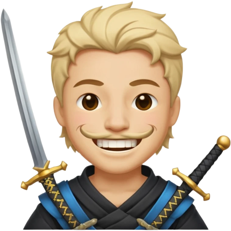 Haz que tenga una sonrisa epica una cicatriz en el ojo serrado y una espada entre los dientes y dos más a cada lado emoji