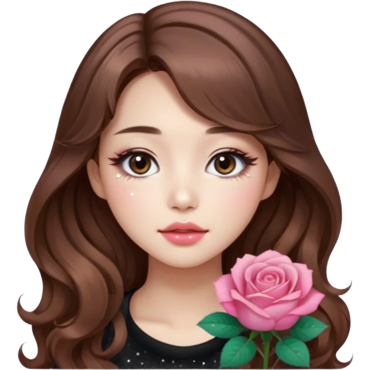 “korean brown hair Emoji girl, soft eyeliner, gradient rose lips, light brown shimmer eyeshadow, sparkly aegyo-sal, long wavy hair,  emoji
