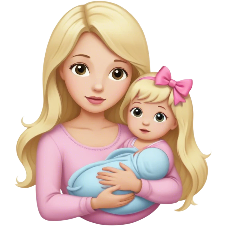 Blonde long hair mom with newborn baby girl with pink bow emoji
