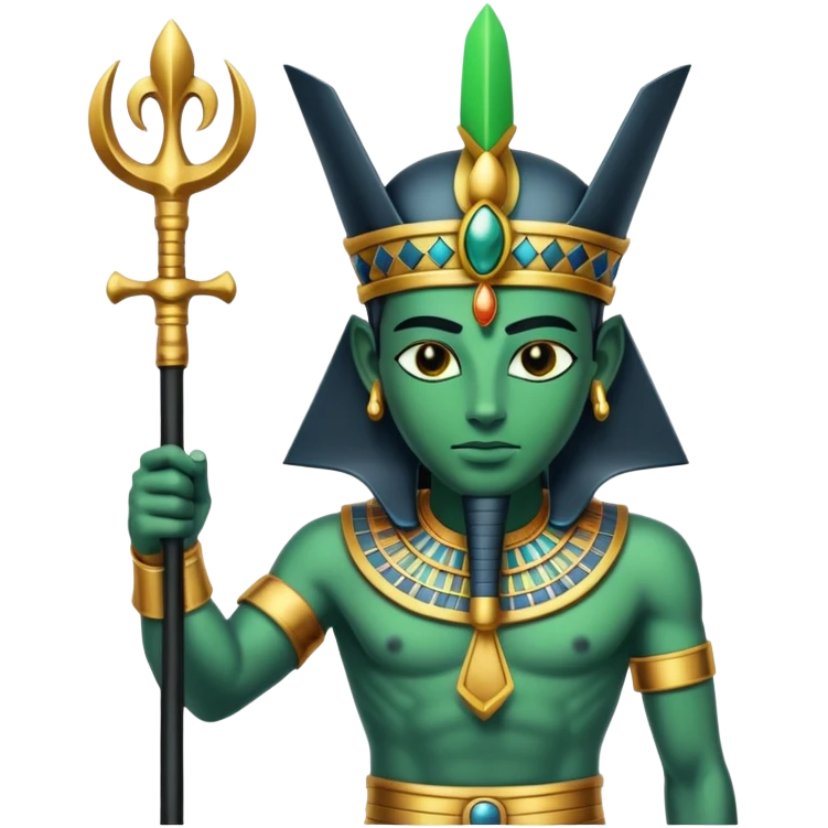 Ancient Egyptian god Osiris with green skin, Atef crown, and holding crook and flail emoji