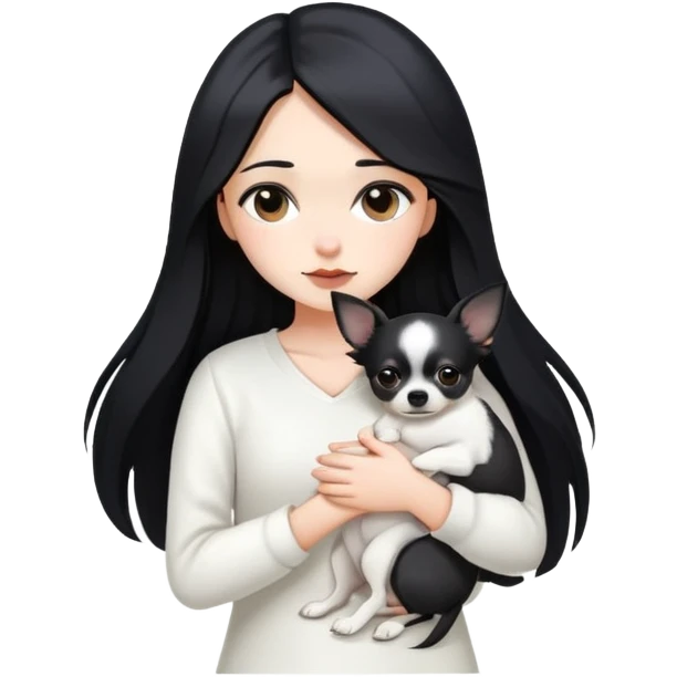 A girl with fair skin, long black hair, white clothes, gently tilting her head, holding a black Chihuahua tightly with both hands emoji