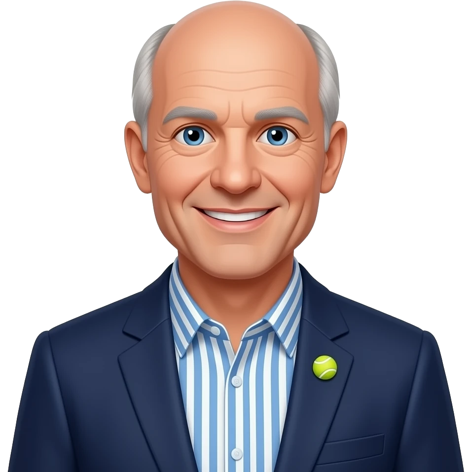 DJR - man, friendly smile, mid 70's, blue eyes, slim face, tennis pin badge, blue and white vertical striped button up shirt, thin grey hair, balding crown of head, dark blue blazer emoji