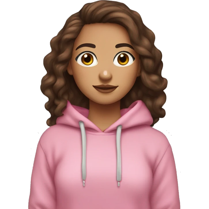 brunette girl long thick eyelashes nice eyebrows and freckles with long brown hair hazel eyes and a pink hoodie  emoji