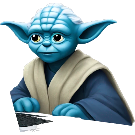 Blue yoda sitting very happy at laptop emoji