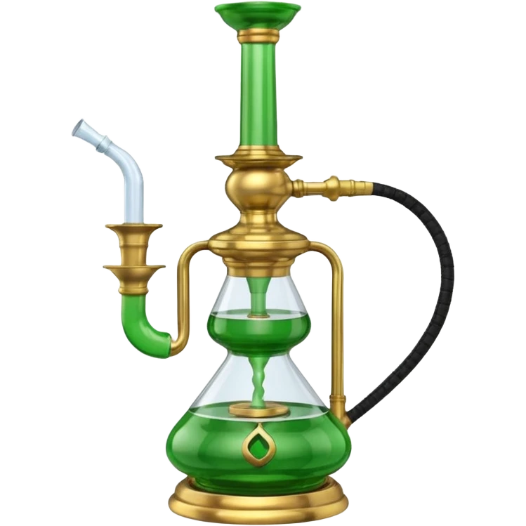 Brass hookah with green design on a glass water base and a glass banger on the top; with two outlet emoji