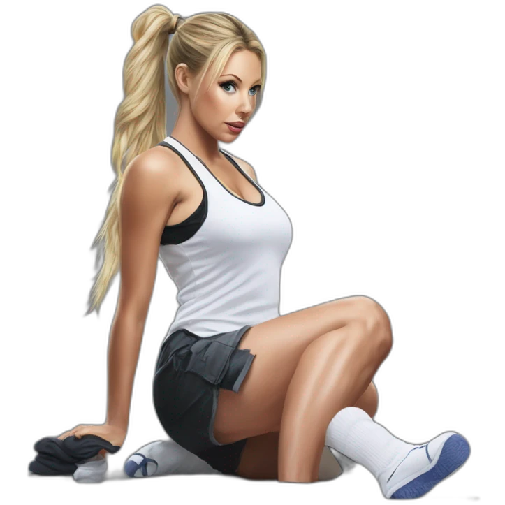 Hyper-realistic painting samantha saint pony tail kneeling in socks emoji