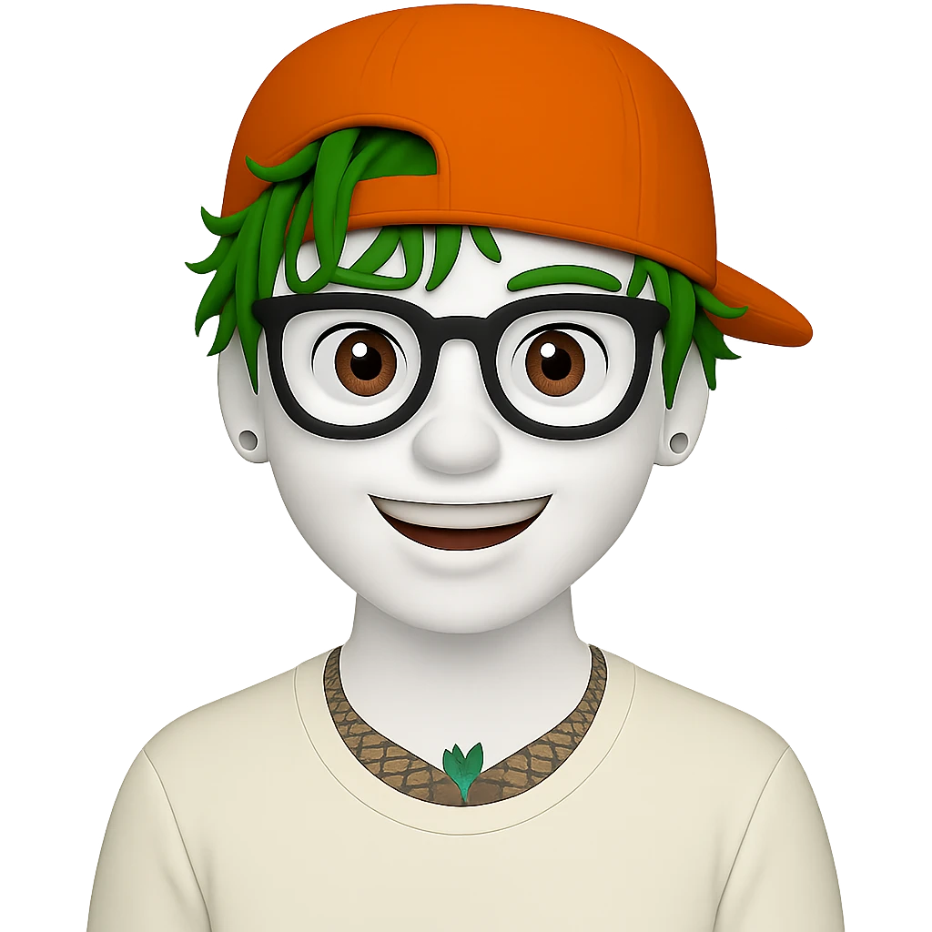 Change the hair to bright green and the skin to white. Keep the orange cap, glasses, and tattoos. Maintain the same style as the reference image. Transparent background. emoji