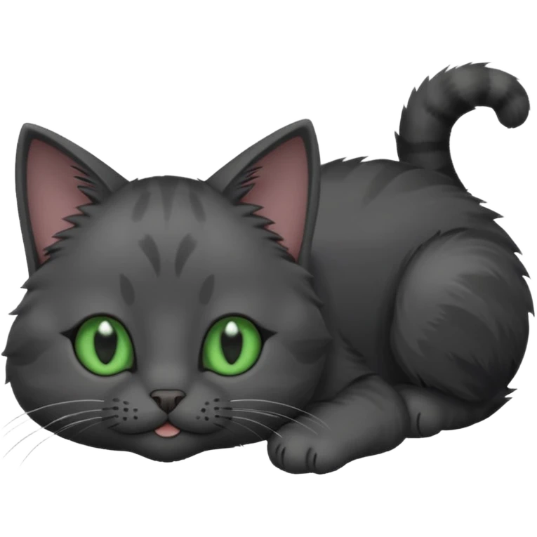 solid dark grey cat with green eyes, completely solid grey face, white toes/paws playfully rolling upside down emoji
