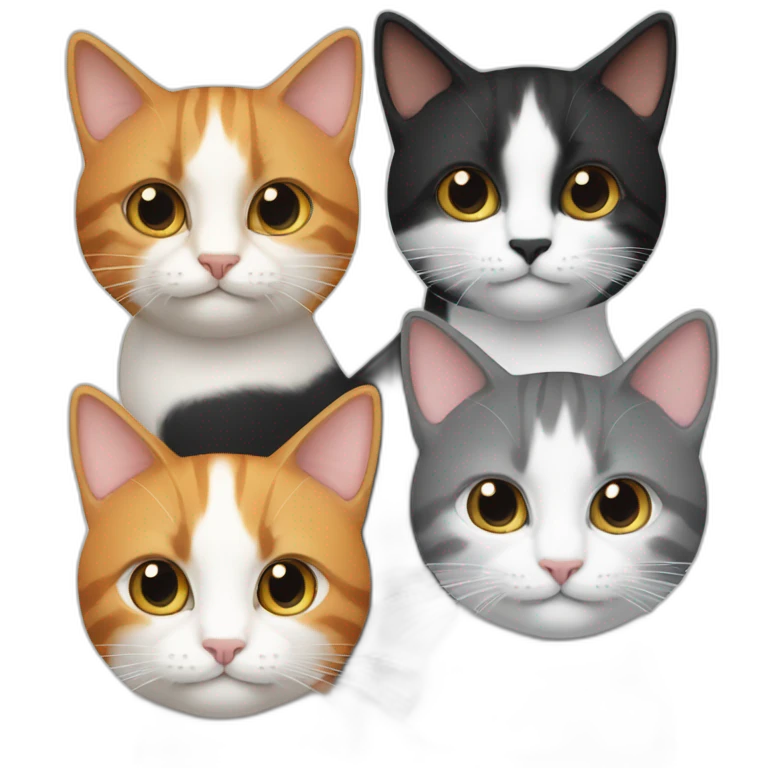 four cats one all black, one black and white, one ginger and white, one dark grey and white emoji
