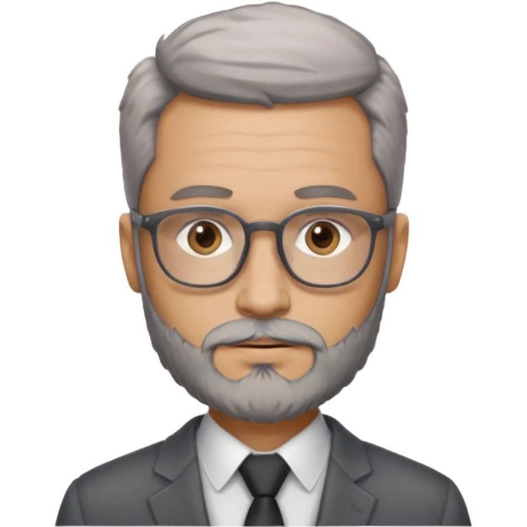 Create a figure that reflects an experienced entrepenurr but who has professional and elegant clothing, without hair, grey glasses, brown eyes and an unkempt beard  emoji