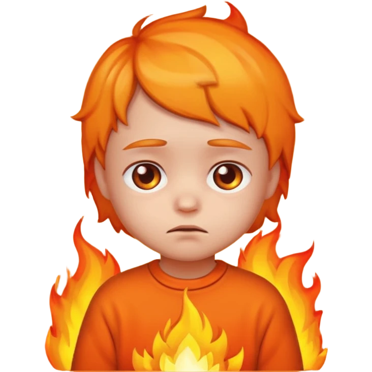 apple style emoji of a small child looking sad with fire in the background emoji