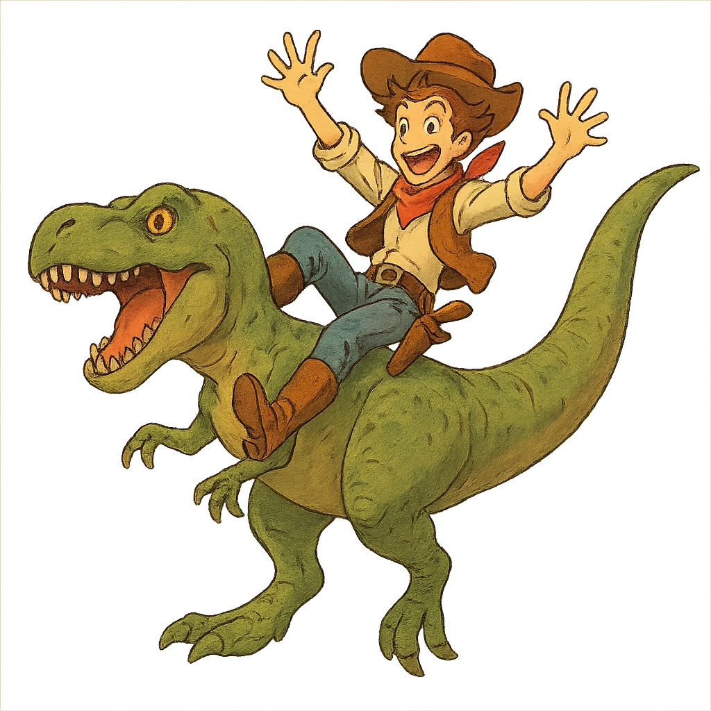 energetic and whimsical cowboy sliding down a t-rex emoji