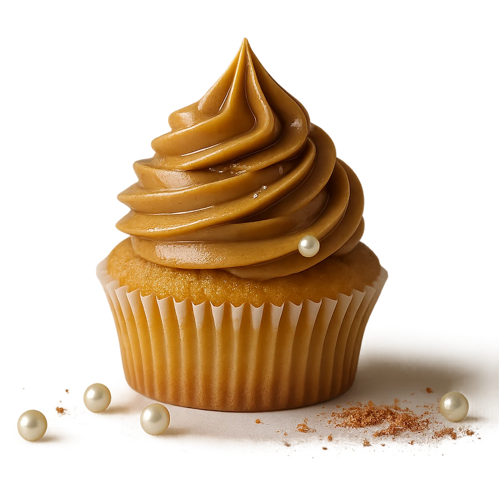 Change the icing to maple with a light golden brown color and glossy texture, keep the realistic cupcake and accessories, photorealistic style, transparent background. emoji