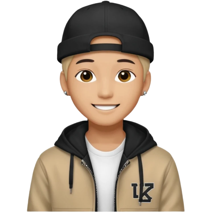Portrait of a male K-pop idol, wearing a stylish streetwear outfit with layered clothing, makeup, wearing a black cap, happy emoji