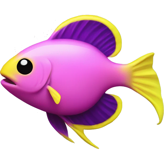 tiny fish with purpleish pink front face and half front of body, neon yellow back half and black dot on top fin emoji