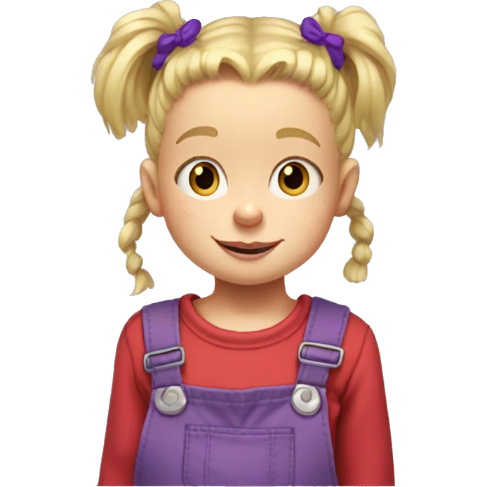 A little blonde girl with pigtails and little purple bows wearing a red long sleeved shirt and purple overalls, rugrats emoji