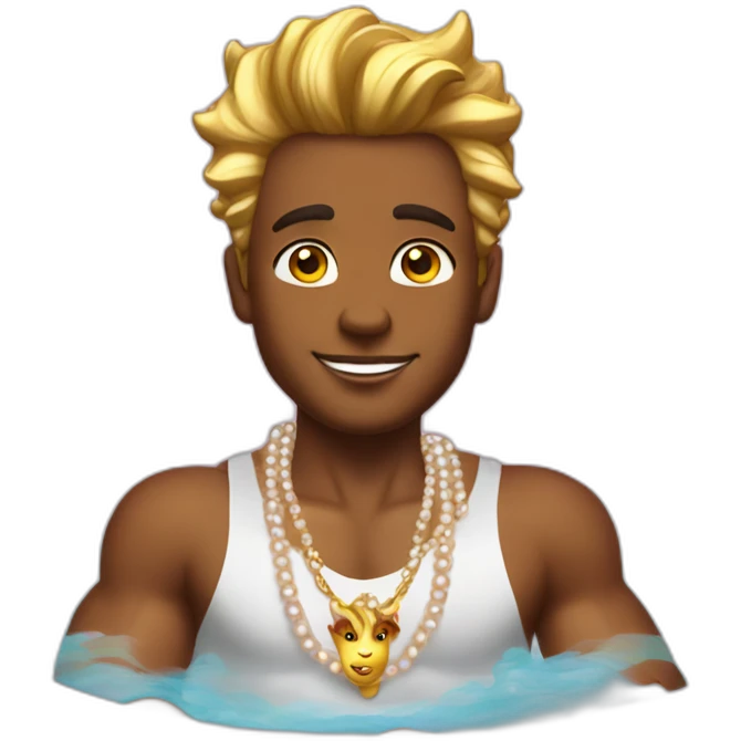 posh-muscle-boy-with-pearl-necklace-and-rainbow-unicorn-hair-in-golden-bathtub emoji