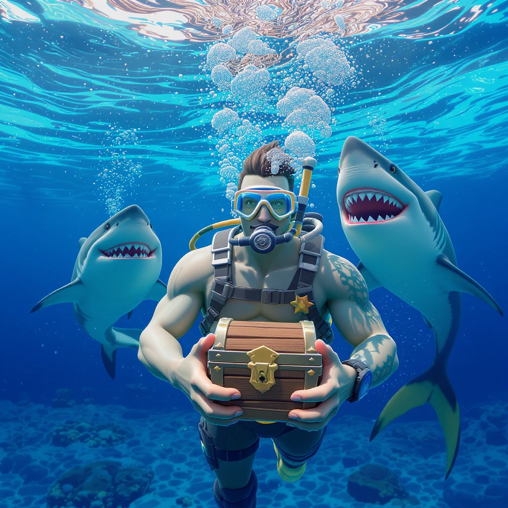 portrait, closeup, 3D, symmetrical, fortnite art style, diver holding chest underwater, happy shark swiming around him, blue crystal water, sunny day emoji