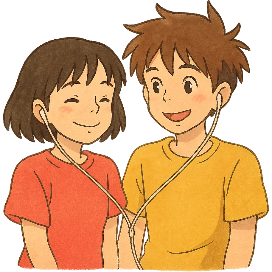 ghibli style two best friends sharing headphones emoji