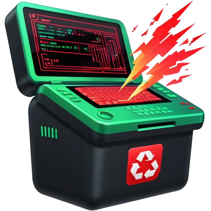 A sleek digital terminal with a holographic interface showing files being uploaded, data packets represented as trash icons, the screen glitching and exploding with red error symbols, tech dystopia vibes, neon greens and reds, circuit patterns in background --v 5 --ar 3:2 --style sci-fi --chaos 30 emoji