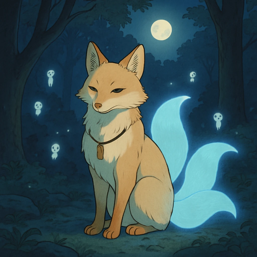 A wise fox spirit companion with three tails that glow with soft blue light, wearing a small necklace with ancient runes, sitting gracefully in a moonlit forest clearing with tiny spirits floating around it emoji