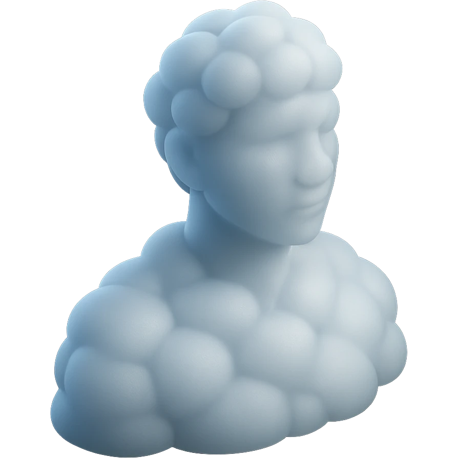 person looking straight, made entirely of white fluffy convex clouds, shoulder up, matte glass style, no background emoji
