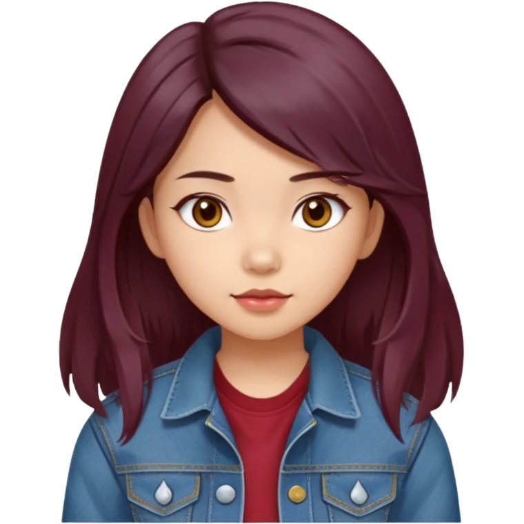 asian girl, long dark burgundy brown hair, hazel brown eyes, half lidded eyes, wolfcut hairstyle emoji