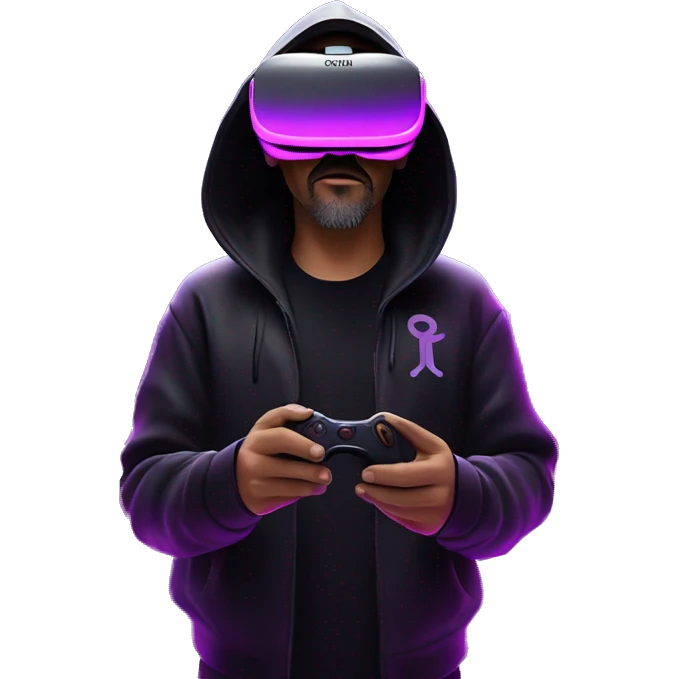 Big Lebowski wearing a black hoodie with "OMG" letters on it and VR headset oculus quest 2 in a cyberpunk VR environment with violet neon lighting. emoji
